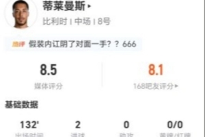 蒂莱曼斯此役4射2中2进球+1造点,13次对抗7成功+20次失球权,评得8.5分